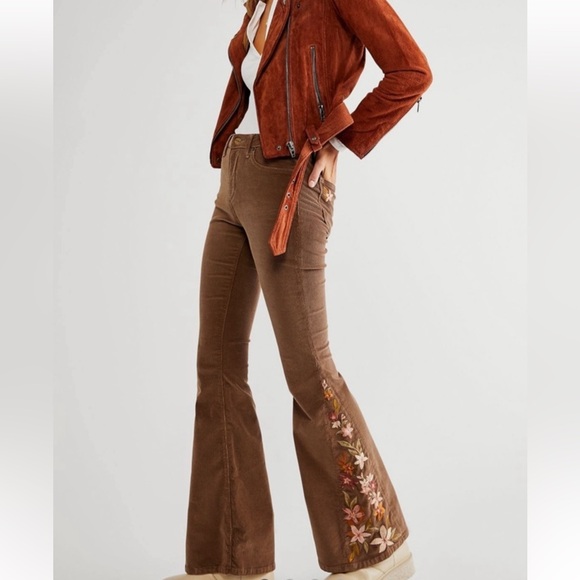 DRIFTWOOD Pants - DRIFTWOOD Farrah Brown Embroidered Flare Pants with floral Accents